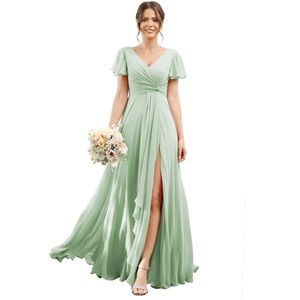 Women's V Neck Bridesmaid Dresses with High Waist Long Formal Dress with Pockets